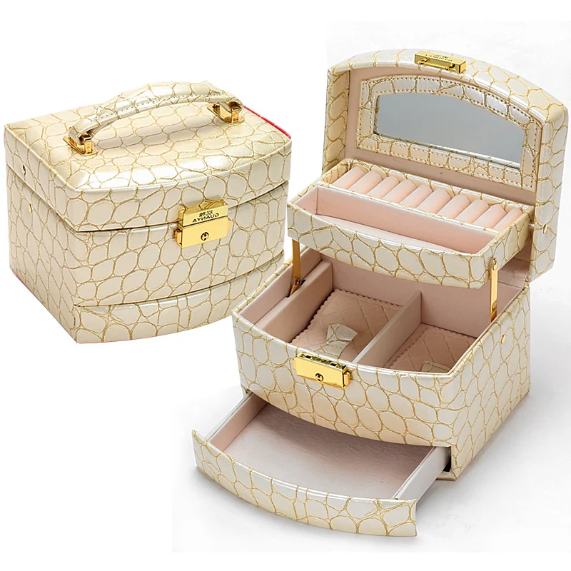 Beige color leather jewelry box 3 layers jewelry holder Automatic wood