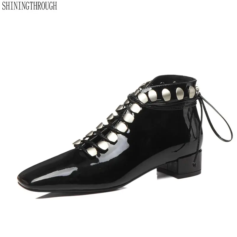 

Women Ankle Boots Corss-tied Low Heels Autumn genuine leather Ladies Shoes Woman square Toe Party Prom Pumps Ladies 2019 Boots