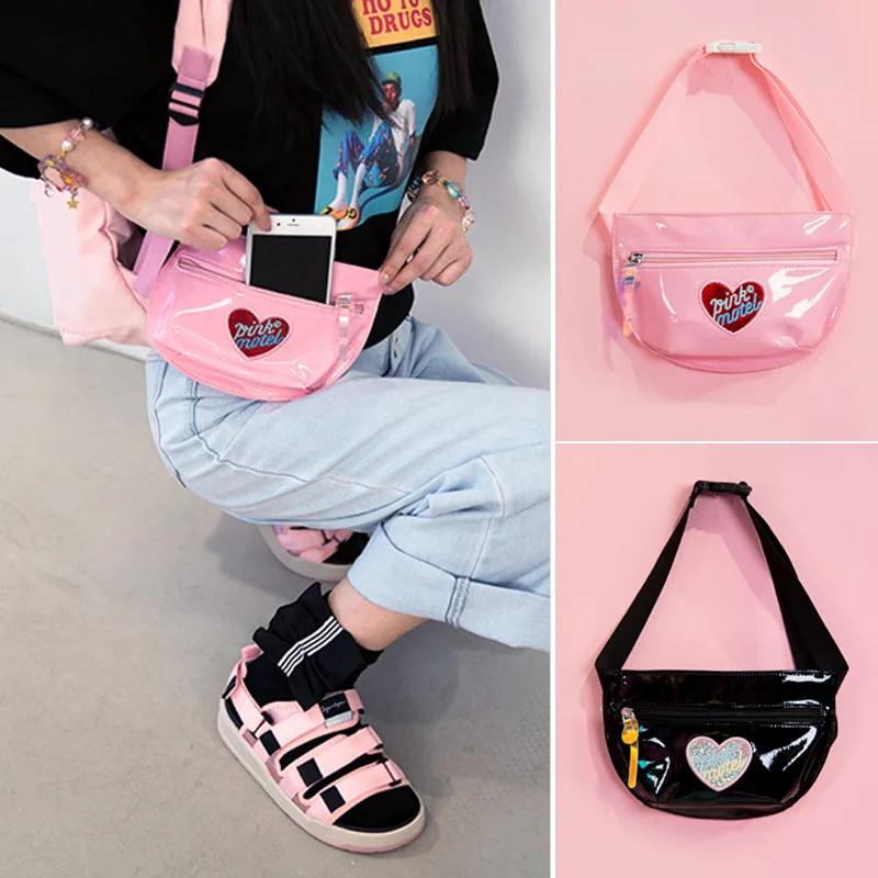 

Embroidered Laser Women Waist Chest Bag Waterproof Strap Shoulder Crossbody Bag Earphone Hole Sports Bag Pink Pack Pouch