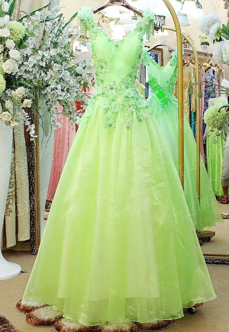 Real Sample Appliques Beaded Prom Party Dress Ball Gown Deep V Neck