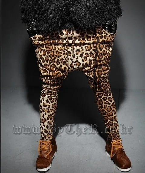 

2017 New Fashion Men's Personality Leopard Pants Men Punk Runway Style Bloomers Male Pull Style Flexible Harem Pants