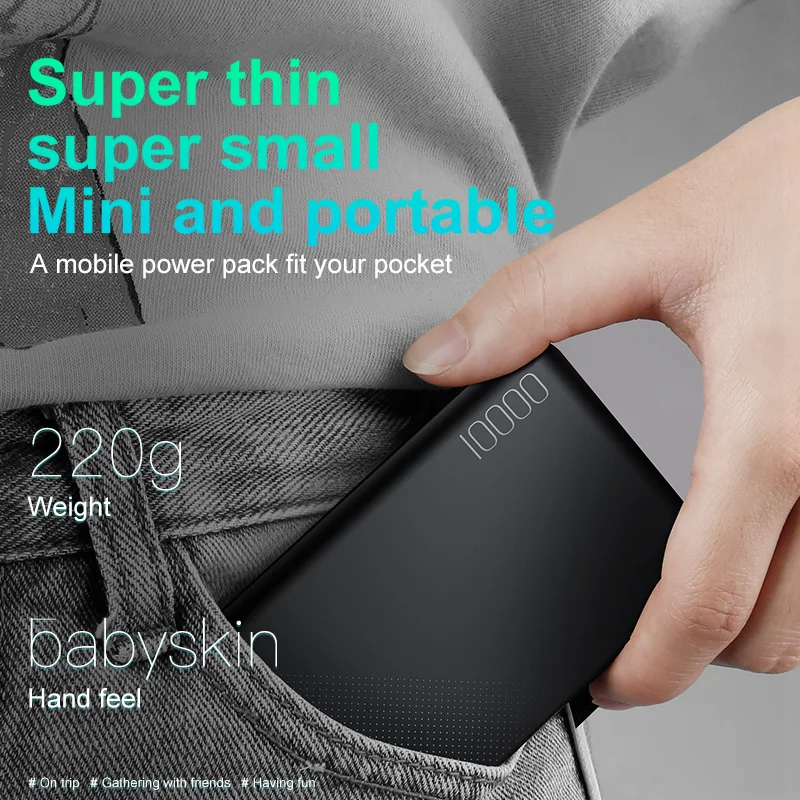 Baseus Slim 10000mAh Power Bank Portable Polymer External Battery Pack Powerbank Dual USB Output Mobile Phone Charger Poverbank