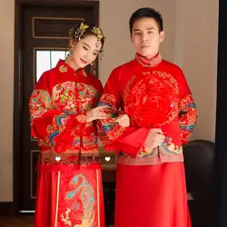 2018 Показать Одежда пары луговой в китайском стиле нарядное платье костюм Свадебные Жених и невеста дракона платье халат вечернее платье