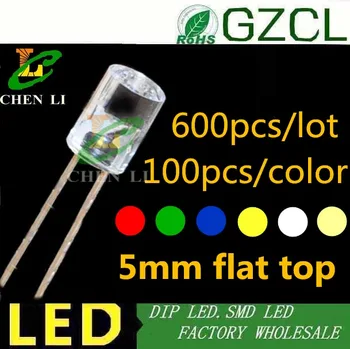 

100pcs/color 5mm DIP LED red/green/blue/yellow/white/warm white without fringe flat top led water clear LED light diode