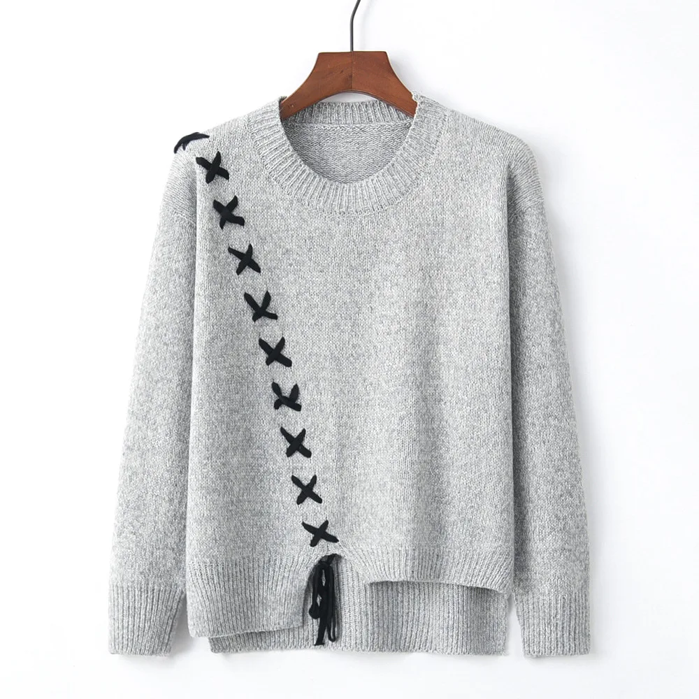 2018 осень-зима новый корейский свитер для повседневной носки Для женщин на шнуровке кроссовер свитера модный пуловер Топ асимметричный