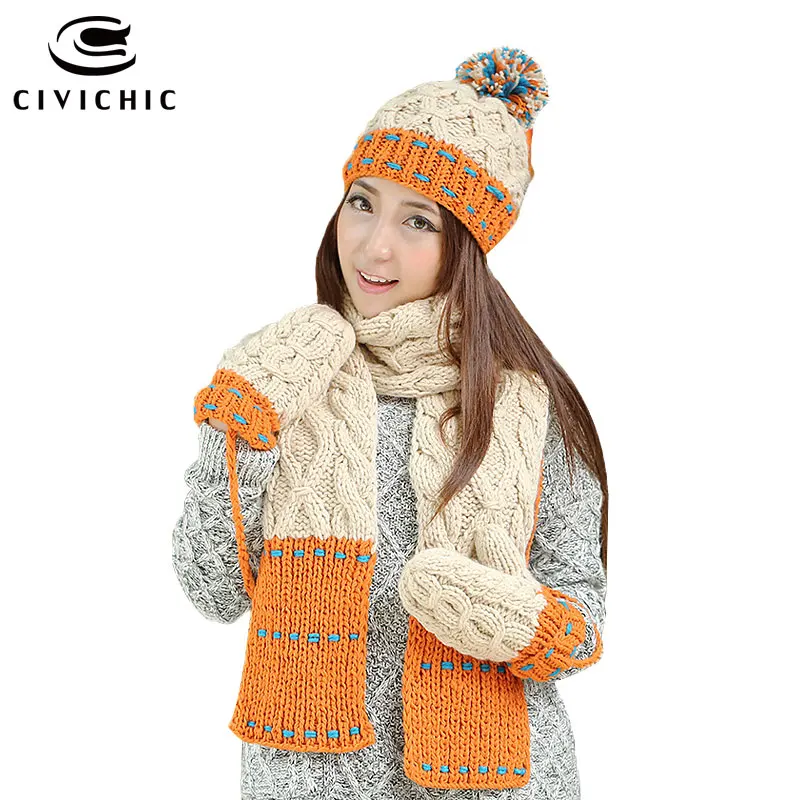 

CIVICHIC Korean Stylish Warm Gift Lady Knit Hat Gloves Scarf Set Color Stitch Shawl Thicken Pompon Beanies Velvet Mittens SH189