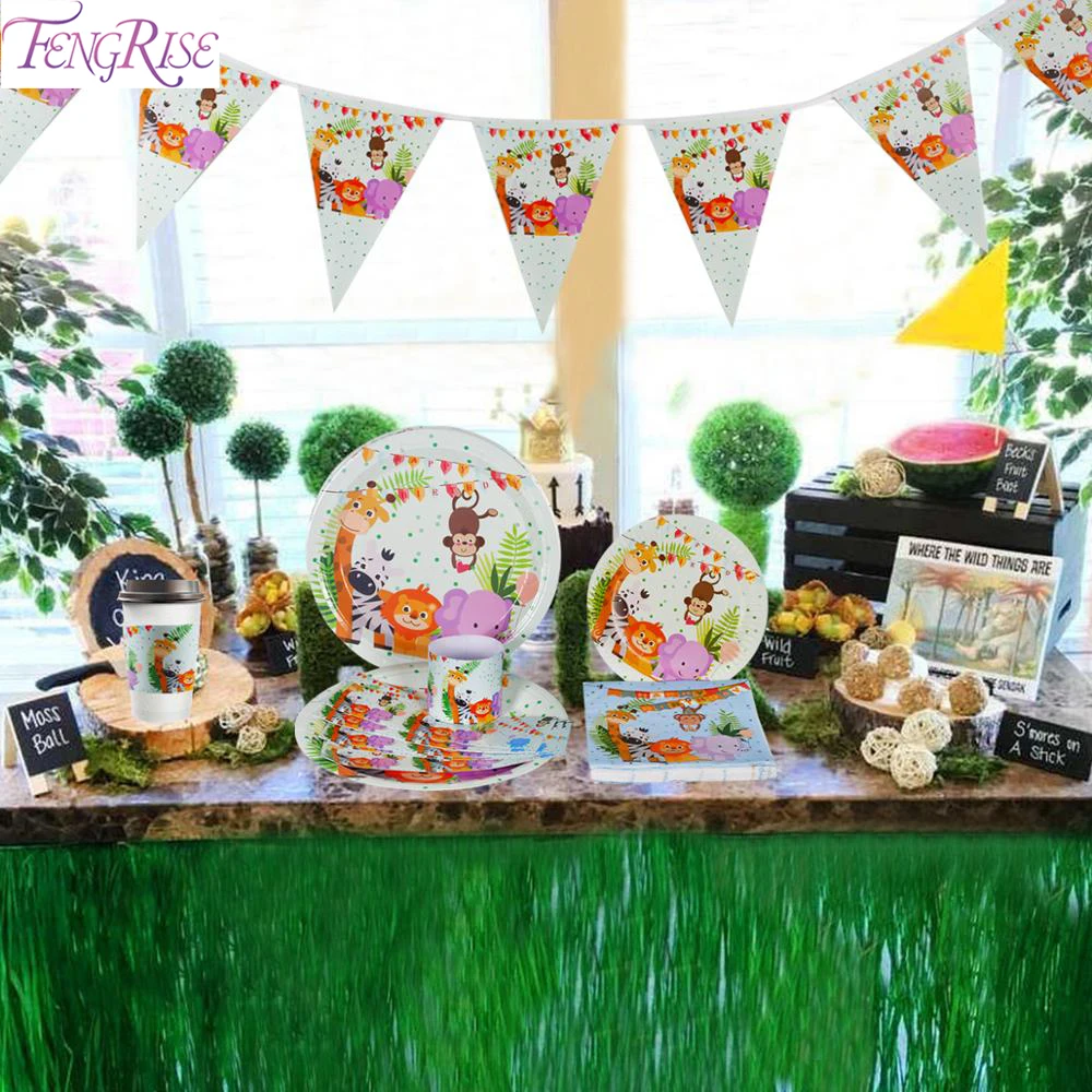 FENGRISE Disposable Tableware Jungle Party Birthday Party Decor Kids Jungle Safari Party Animals theme Baby Shower Supplies