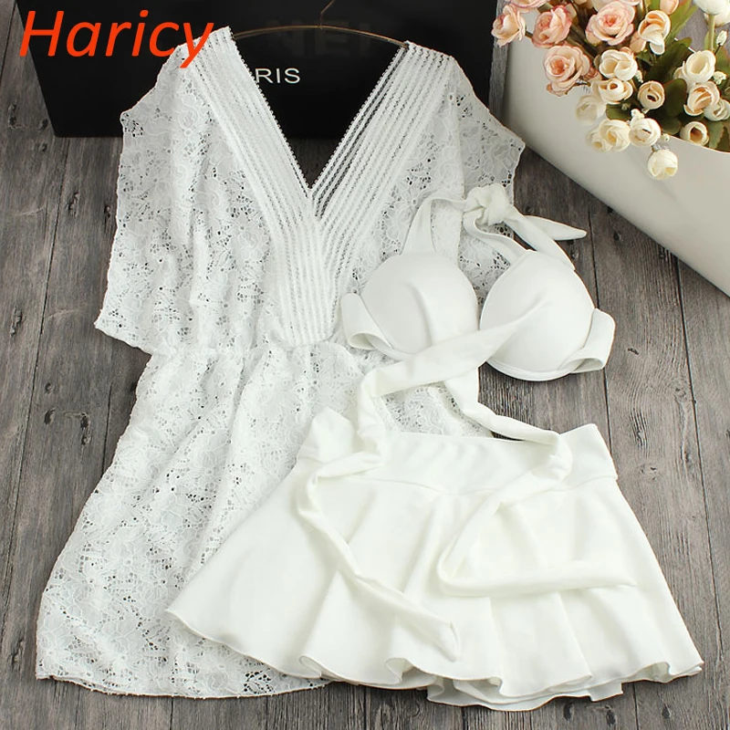 

2019 Plus Size Bandage Cross White Bikini Set Halter Swimwear Women Dress Sexy Swimsuit Summer Bathing Suit Padded Swimming Suit
