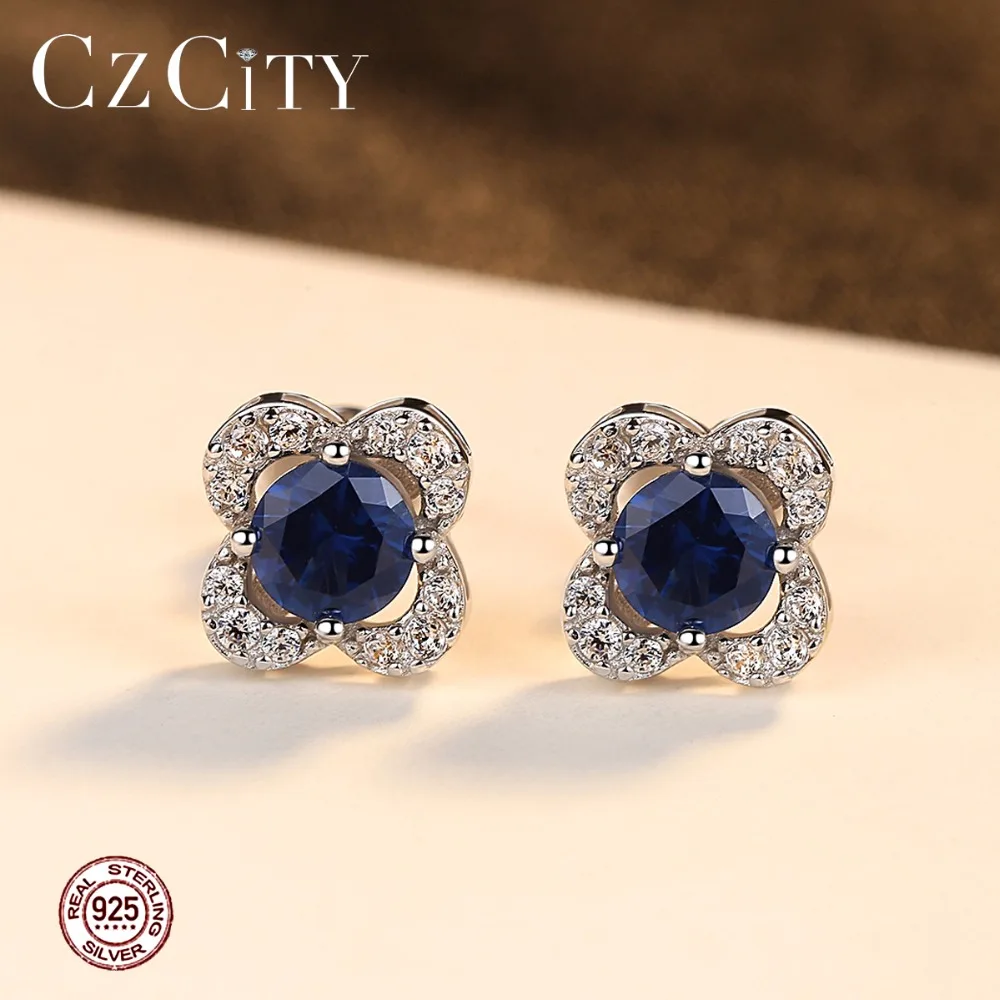 CZCITY модные серьги гвоздики инкрустация создан Круглый Королевский Синий Сапфир