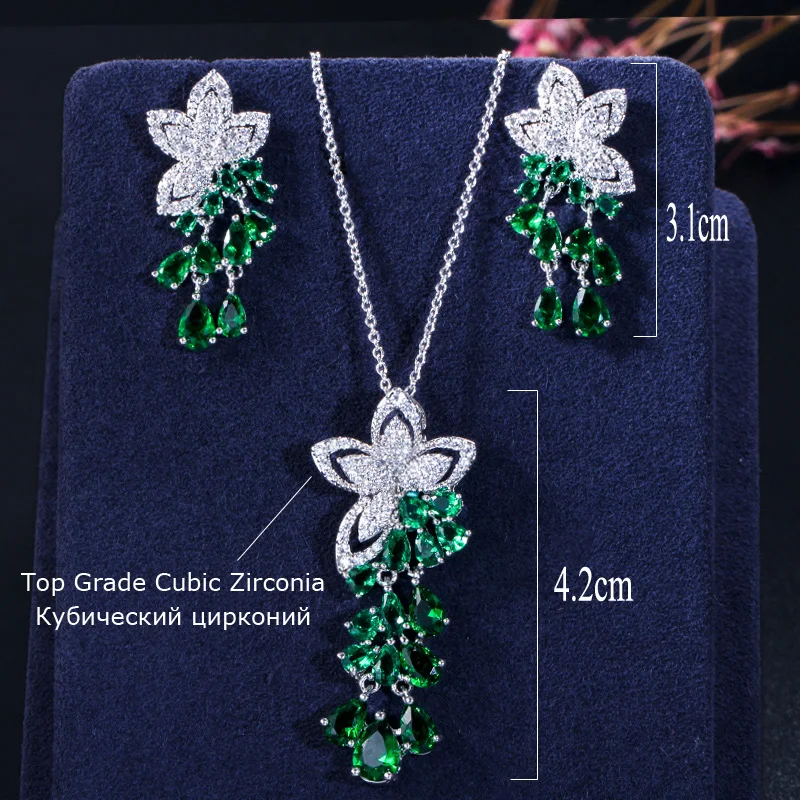 CWWZircons 2020 New Arrival Cubic Zirconia Tassel Drop Flower Earrings and Pendant Necklace Fashion Ladies Jewelry Sets T334