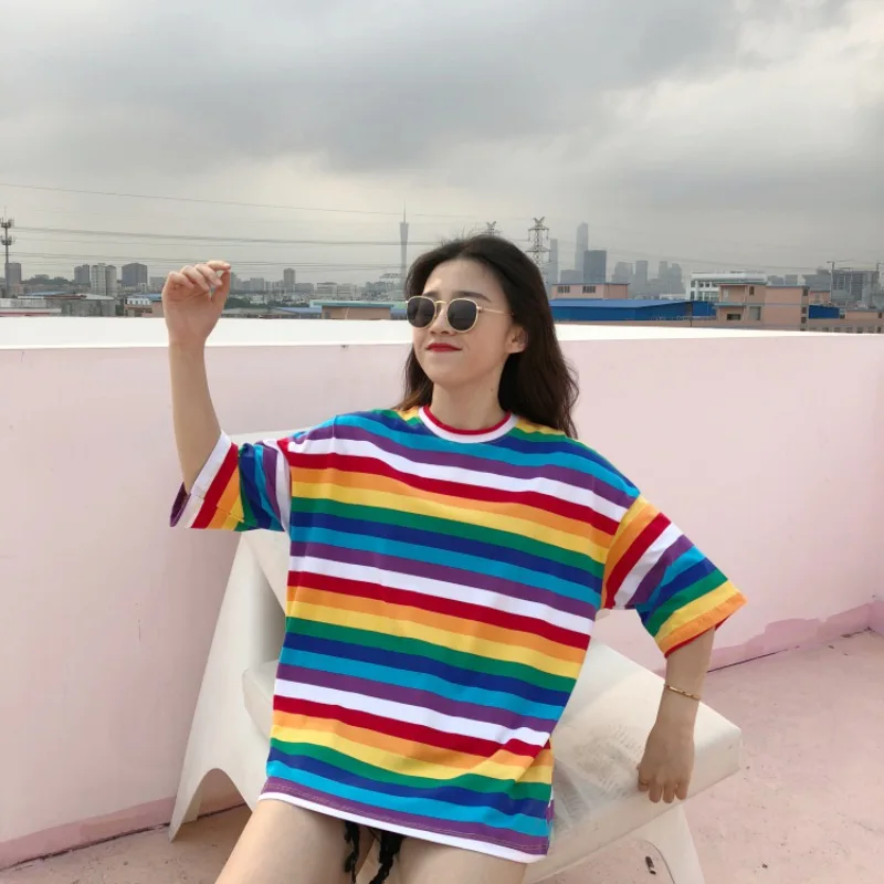 New T Shirt Women Rainbow Striped Tops Harajuku Tshirt 2019 Summer Short Sleeve Korean Punk T-shirt camiseta feminina