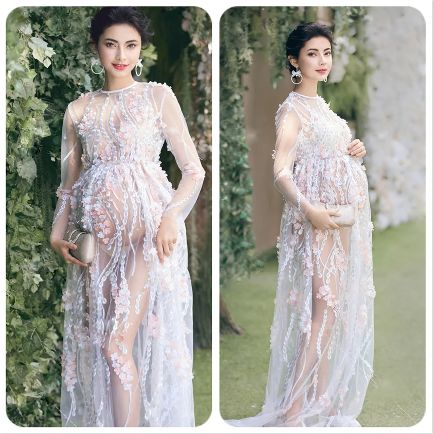 Элегантное платье для беременных реквизит для фотосъемки Кружева Перспектива беременных Длинные платья 3D цветок вышивка беременность длинные платья