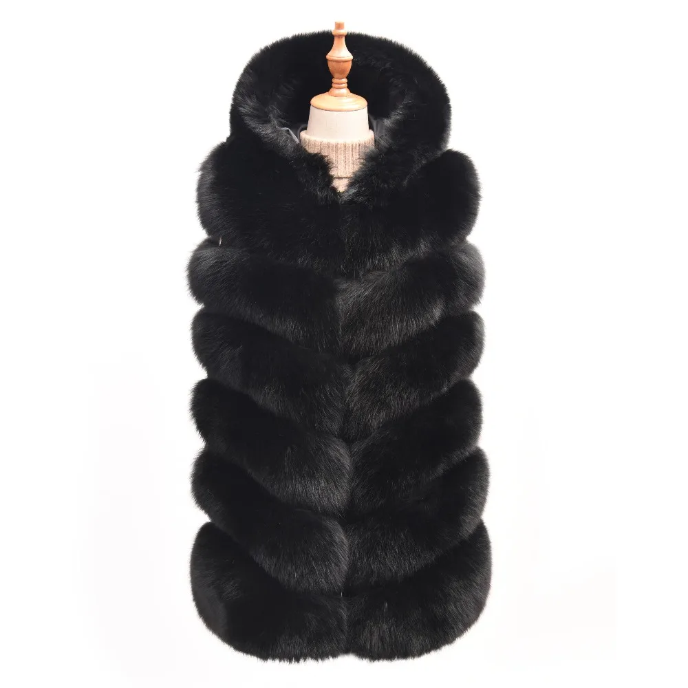 Жилет из натурального Лисьего меха черная толстовка женская мода теплая длинная куртка из натурального Лисьего меха женская жилетка с капюшоном