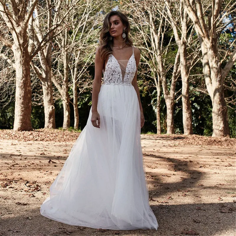 

Boho Wedding Dress 2019 V Neck Tulle Lace Appliques Bride dress Princess Party Dress Sleeveless Beach vestido de noiva