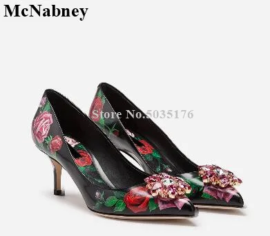 

Printing Rhinestone Flower Women Shoes Slip-On Shallow Fashion Party Pointed Toe Pumps Thin Med Heel Spring/Autumn Women Shoes