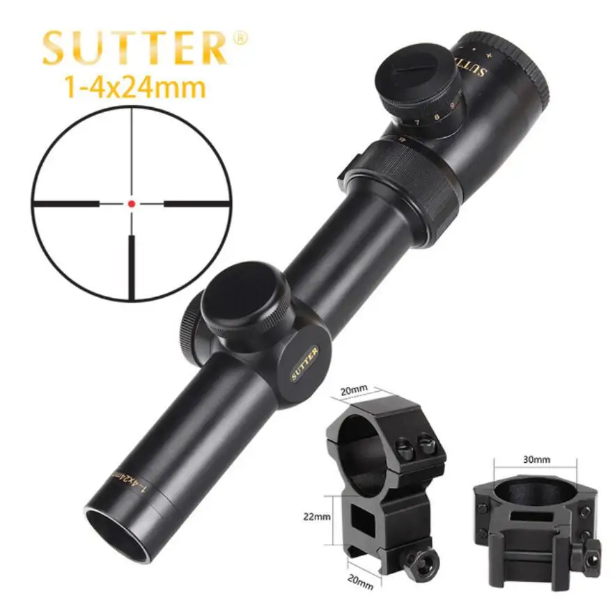 SUTTER 1-4X24 компактные прицелы для охоты R12 или R29 стеклянная сетка красный свет прицел турели сброс тактический прицел - Цвет: with picatinny ring4