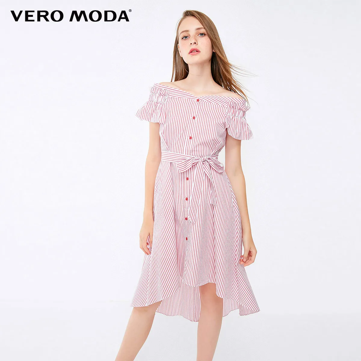 Vero Moda Плиссированное Полосатое платье с открытыми плечами на шнуровке с эластичными манжетами | 31837B505 - Цвет: Cayenne