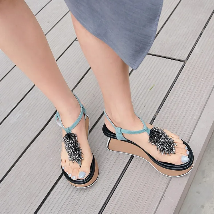 PXELENA/пляжные сандалии; женские вьетнамки на платформе с необычным высоким каблуком; женская обувь; вечерние замшевые сандалии с бусинами