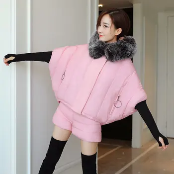 

Winter jacket Women Parka Outerwear Female Clothes Set Shorts & top Down Jacket With Fake Fur Collar hick Long Women Winter Coat