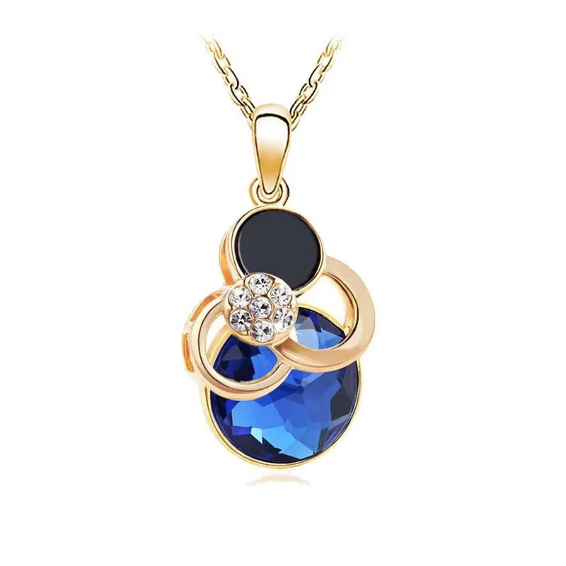 

2017 Fashion colar Female fine Round blue crystal Flower Pendant necklace for women personality Hollow Golden geometry Bijoux