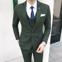 Autumn 2018 Men’s Plaid Suits Sets Large Size S-5XL (Jackets + Pants + Vests) Business Casual Men Suit Set Red and Green