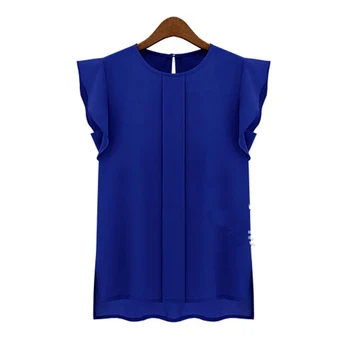 

OL Summer Elegant Women Blouse Office Lady Solid Blue Green Short Sleeve Chiffon Shirt Ruffle Casual Top Blouse Pullover
