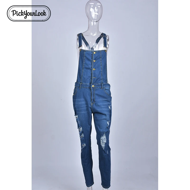 Pickyourlook Women Plus Size Overalls Denim Jumpsuit Blue Fashion Strap Lady Bodysuit Backless Large Size Female Body Rompers