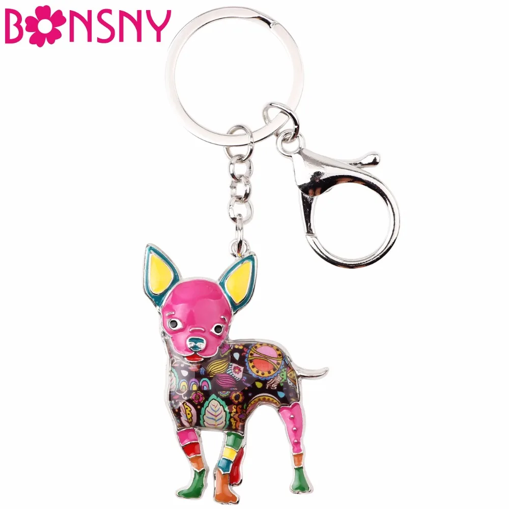 

Bonsny Enamel Cute Chihuahuas Dog Key Chain Key Ring Pom Gift For Women Girl Bag Pendant 2017 New Charm Keychain Fashion Jewelry