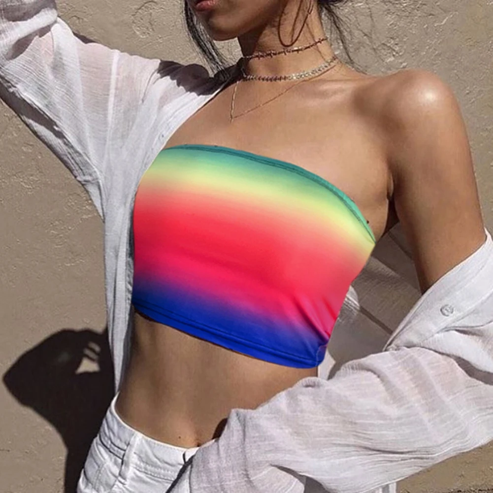 Женский Радужный бесшовный бюстгальтер Bandeau, Топ без бретелек, бюстгальтер-бюстье, Модный летний укороченный сексуальный бюстгальтер Bandeau Top