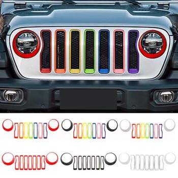 

Grill Grille Inserts Headlights Cover Head Lights Lamps Ring Bezel Exterior Trims Red Silver For Jeep Wrangler JL 18 + Free Ship