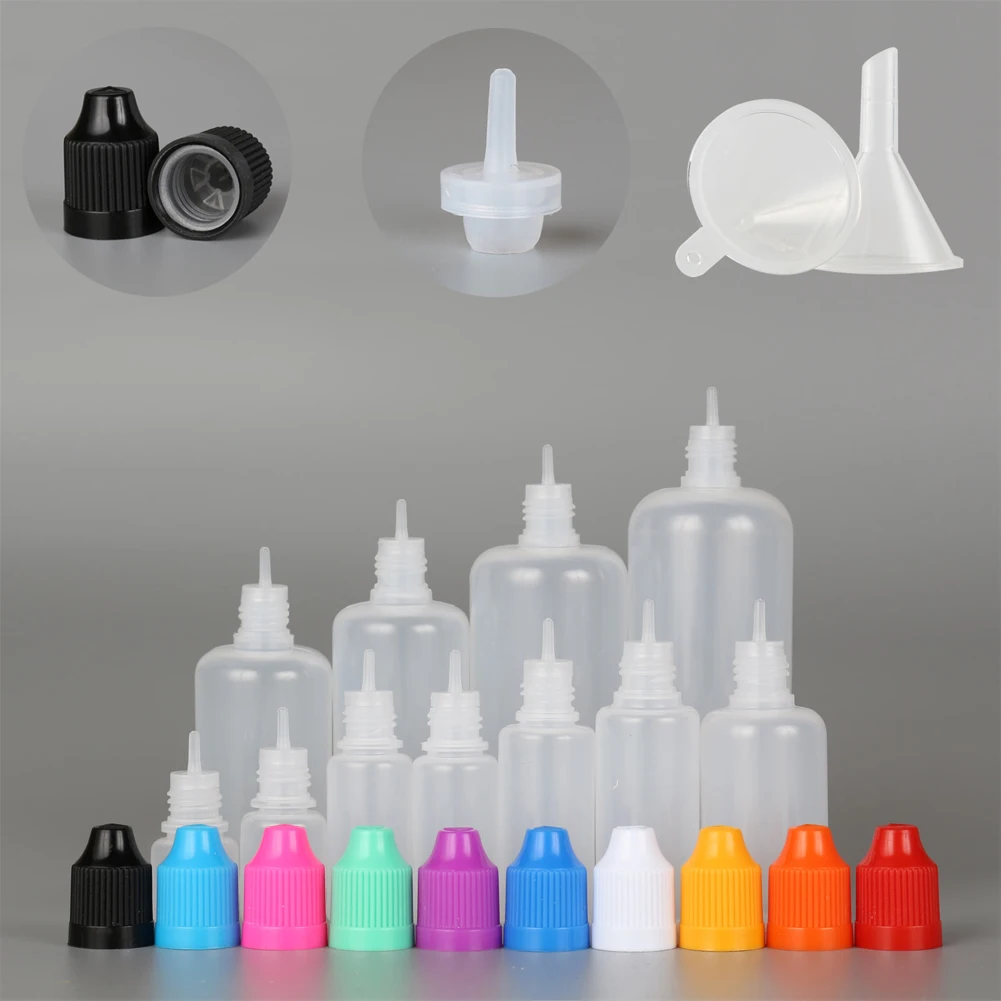 

5Pcs 3/5/10/15/20/30/50/100/120ml LDPE Empty Plastic Squeezable Dropper Juice Refillable Eye Liquid Drop Bottles with 1 Funnel