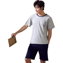 Удобные Хлопковые Для мужчин пижамы набор новые летние Для мужчин пижамы Для мужчин; короткий рукав ночное короткий топ штаны для отдыха Верхняя одежда для сна