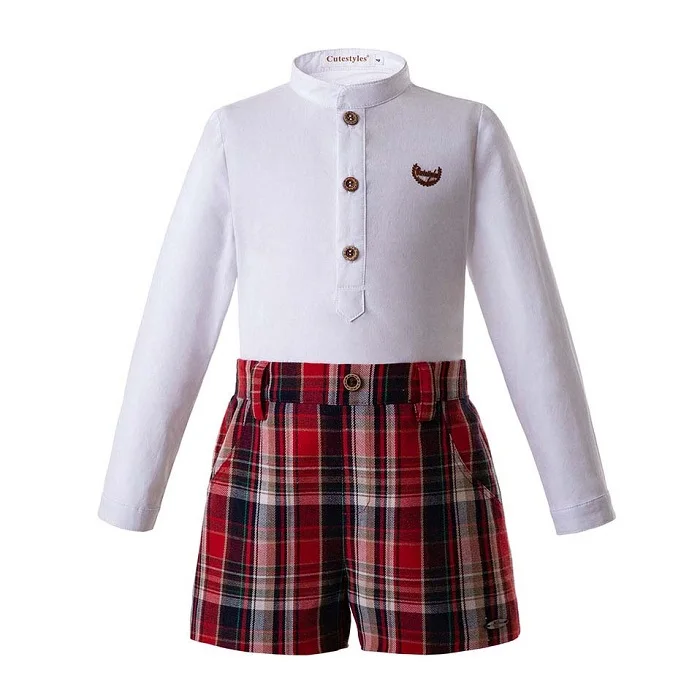 Pettigirl/Новинка; комплекты осенней одежды для мальчиков; белая рубашка и бордовые шорты в клетку; Изысканная одежда для детей; B-DMCS107-C64 - Цвет: As picture