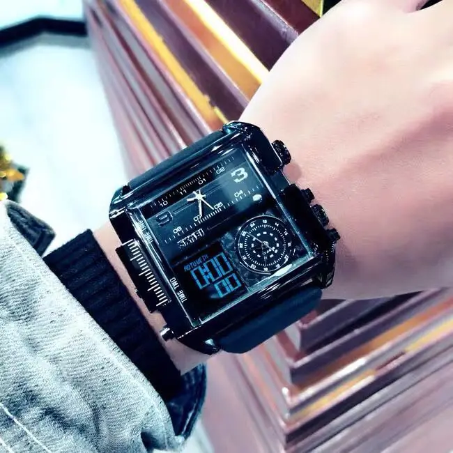 

European station watch male square large dial multi-function electronic watch leather watch men luminous chronometer military wa