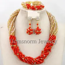Последняя Мода Золото коралловый Бусины Африканский Ювелирные изделия из кристаллов в нигерийском стиле Свадебные Цепочки и ожерелья комплект wb371