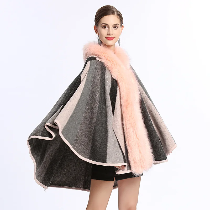 Пальто-накидка с капюшоном и воротником из искусственного лисьего меха; сезон осень-зима; модный вязаный кардиган; шерстяной кашемировый свитер; женские накидки и пончо - Цвет: Розовый