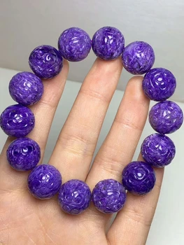 

Genuine Natural Charoite Purple Craved Round Beads Stretch Bracelets 15mm Women Men Crystal Charoite Bracelet AAAAA Certificate