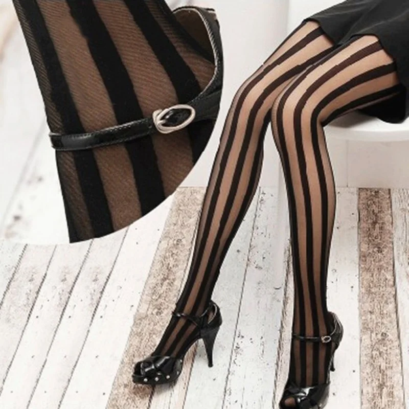 1PC Sexy Women Rock Punk Gothic Black Stockings Tights Pantyhose Vertical Stripe For Women Girl collant femme