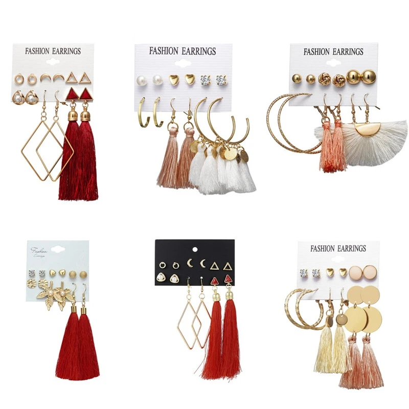 

MISANANRYNE 2019 New Bohemian Design Tassel Stud Earrings Set For Women Girl Gold Flower Long Earring Female Wedding Jewelry