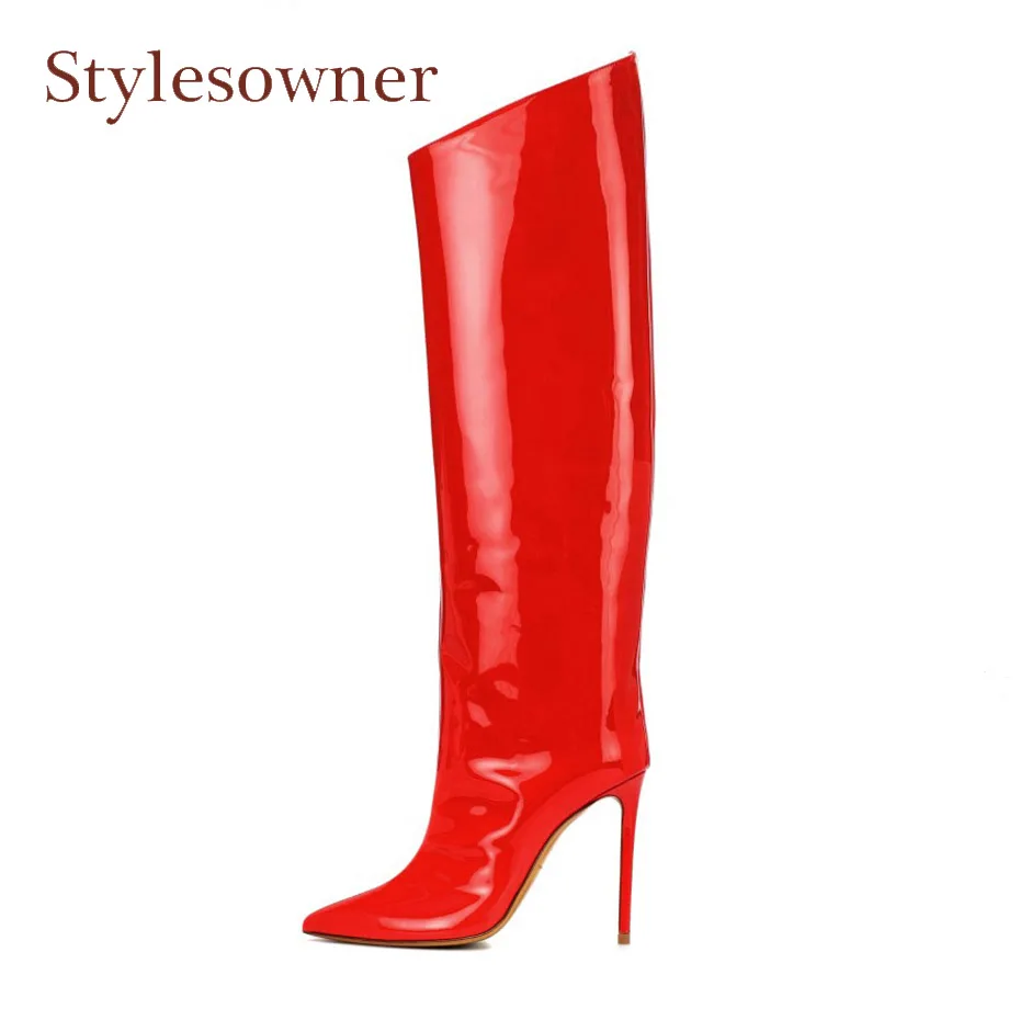 Stylesowner winter women's red black grey color PU straight knee high ...