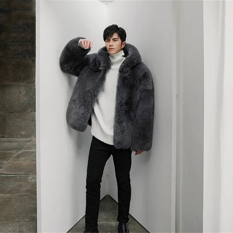 TOPFUR 2018 Winter Thick Fox Fur Men' Jacket With Fox Hood Top Quality Warm Gray Color Whole Skin Real Fur Coat For Man Luxury
