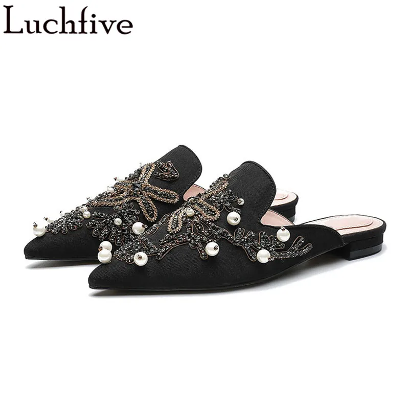 

Retro chic Women Slippers string beaded pearled flat Heels Mules embroidery flip flops lazy outside Summer beach Shoes