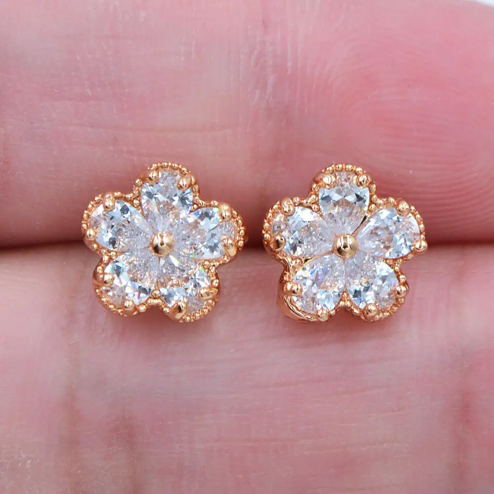 

Fashion Gold Color AAA+ Cubic Zirconia Romantic Women Clear CZ Flower Stud Earrings Jewelry