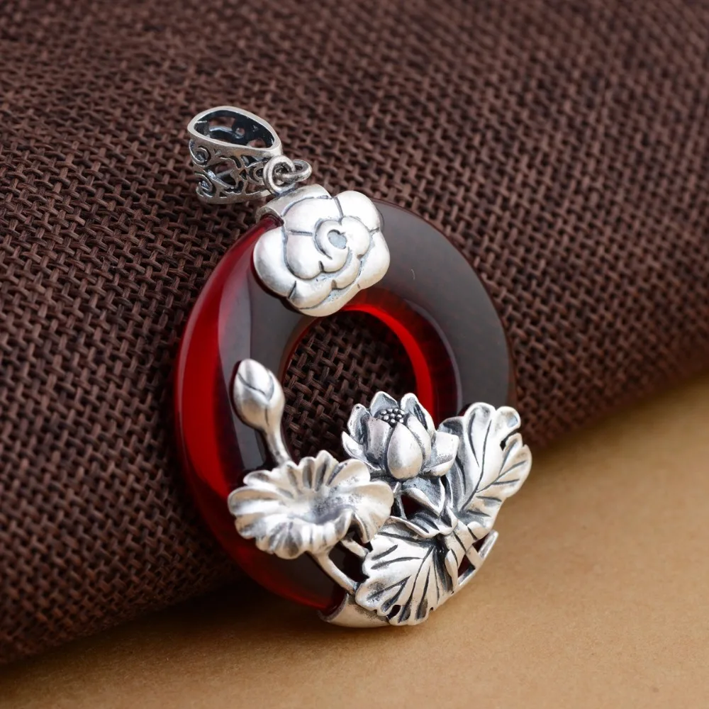 S990 Sterling Silver Pendant antique style red zircon female models