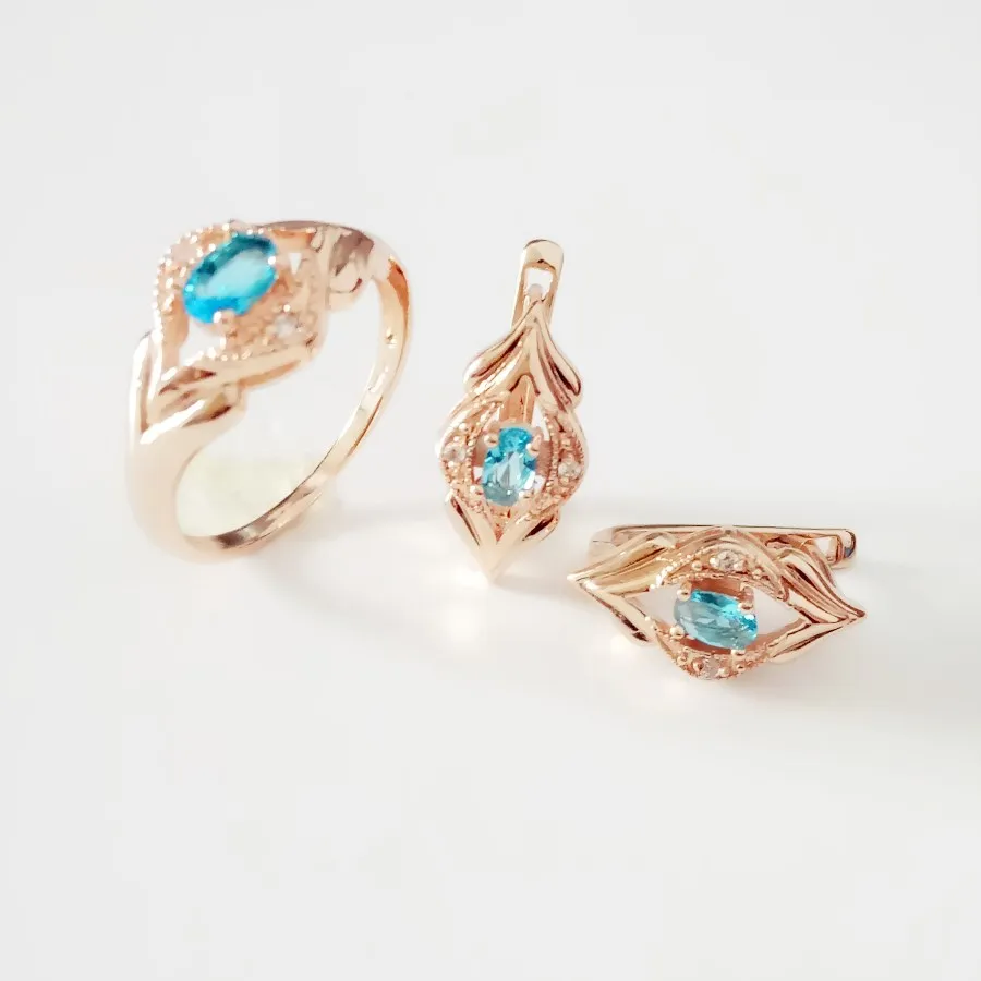 

New Arrival Jewelry Sets Blue Cubic Zircon Jewelry Sets Flowers-Shaped 585 Gold Color Fashionable Earring+Rings Jewelry Kits