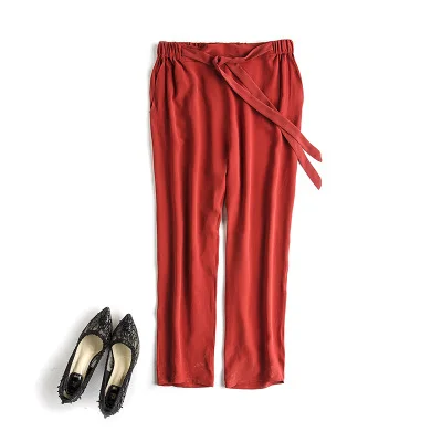 Летние брюки длиной до щиколотки из чистого шелка шелк тутового цвета с бантом на поясе женские шаровары L XL - Цвет: ORANGE CK1702