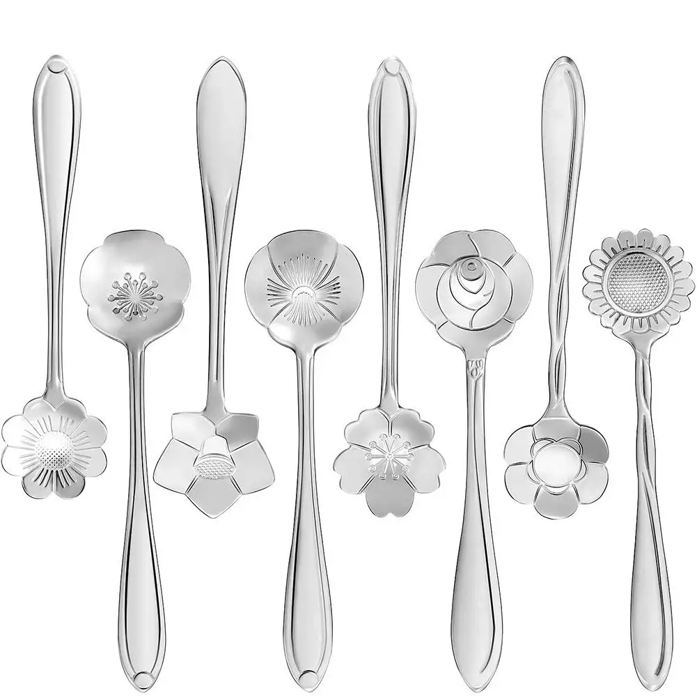 

8Pcs Stainless Steel Flower Carved Stirring Mini Spoons for Desserts Tea Coffee