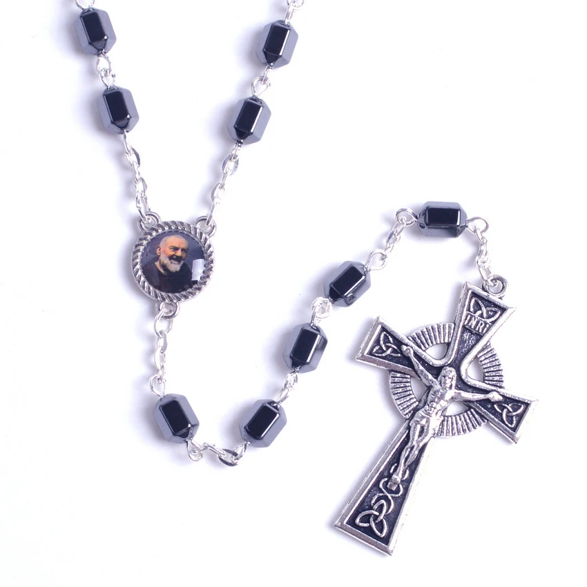 Новая мода религиозный Овальный Ограненный гематит бусины St Pio католические четки ожерелье