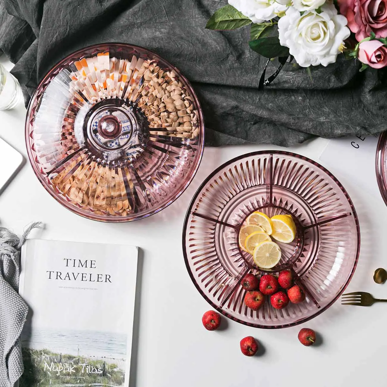 

6 Grid Embossed Dried Fruit Plate Household Snack Tray Candy Dish With Cover Home New Year Christmas Food Container