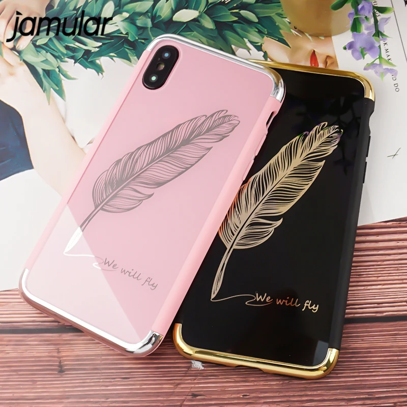 

JAMULAR Quill Pen Drop Mirror Pink Soft Cover Case for iphone 6 6S 7plus 8 8plus X 10 Fashion Feathers Plating Phone cases Funda